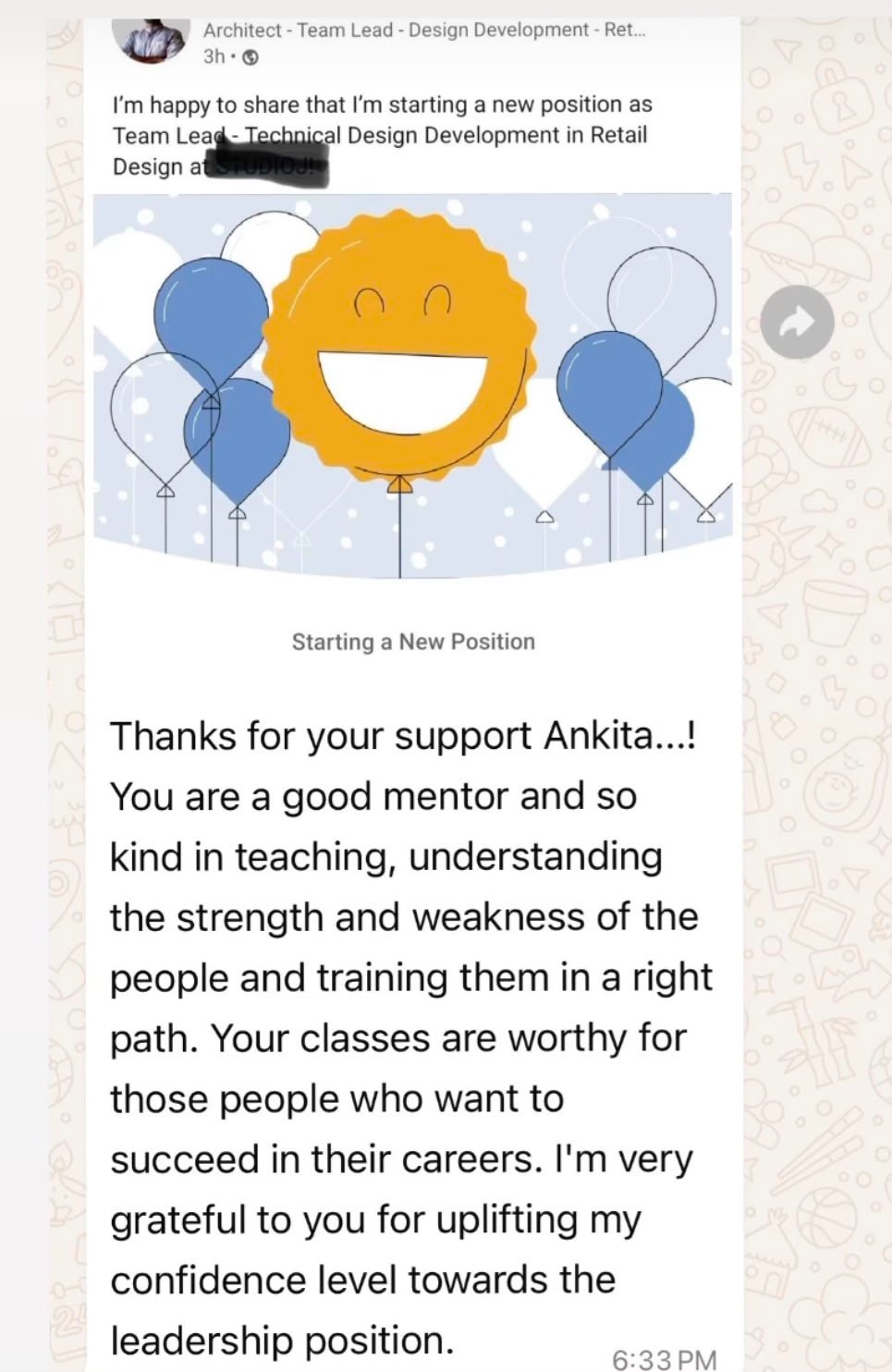 Message thanking Ankita after progressing to a Team Lead position