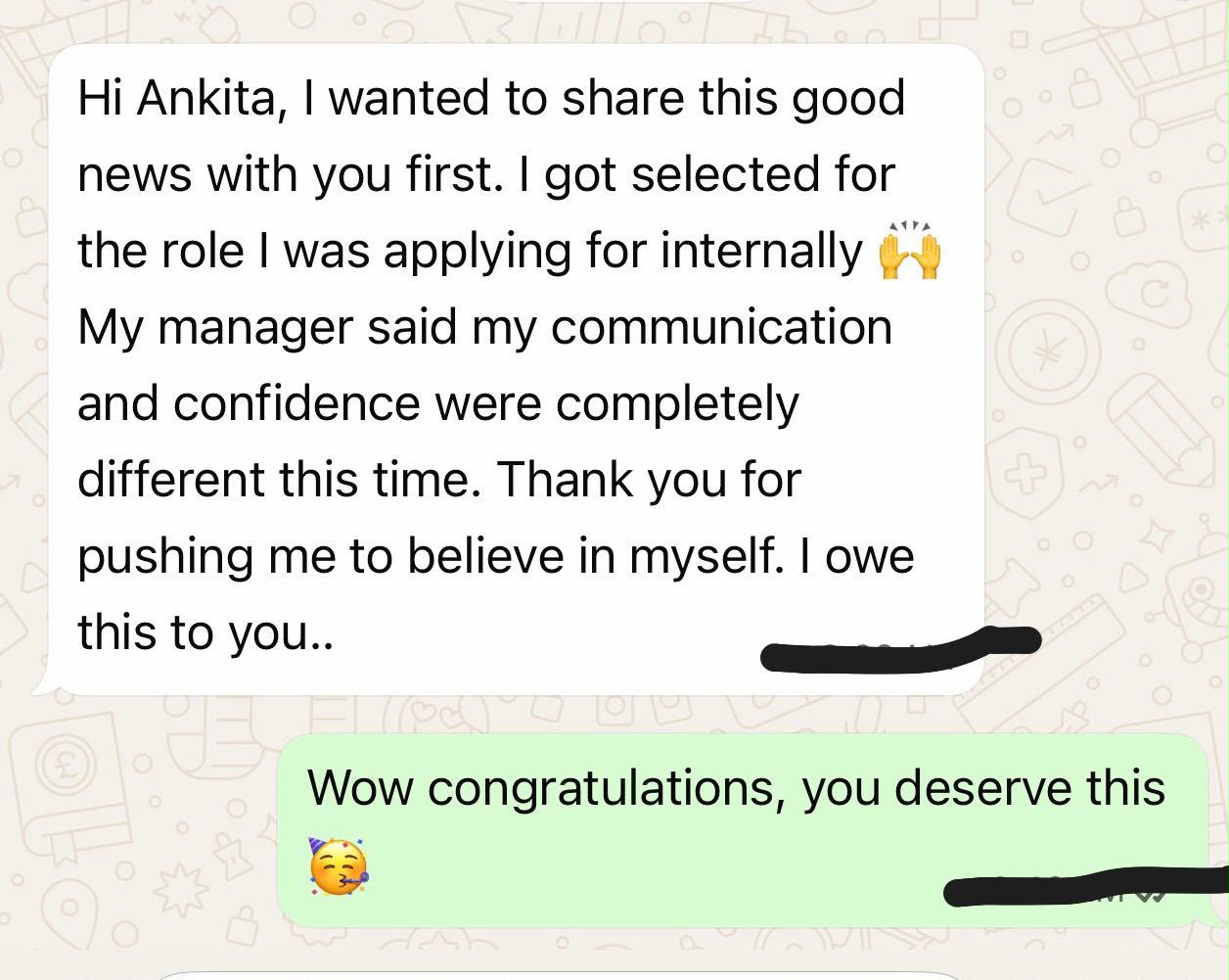 Message celebrating selection for an internal role after improved confidence