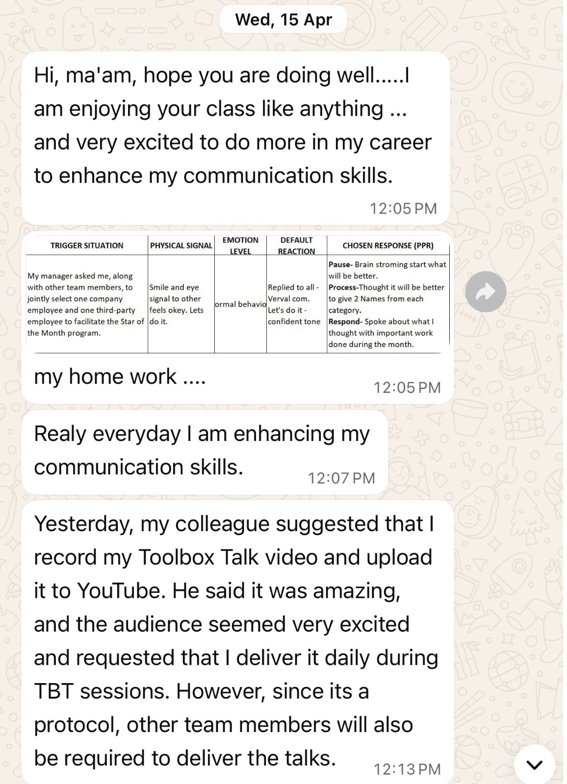 Message showing communication practice and positive colleague feedback