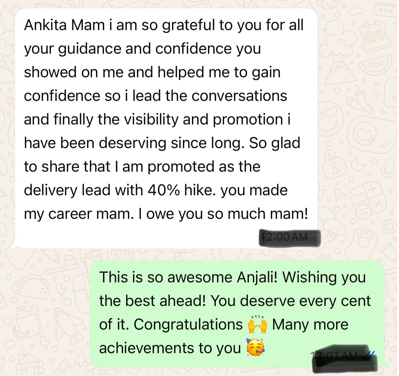 Message celebrating a promotion to Delivery Lead with a 40 percent hike