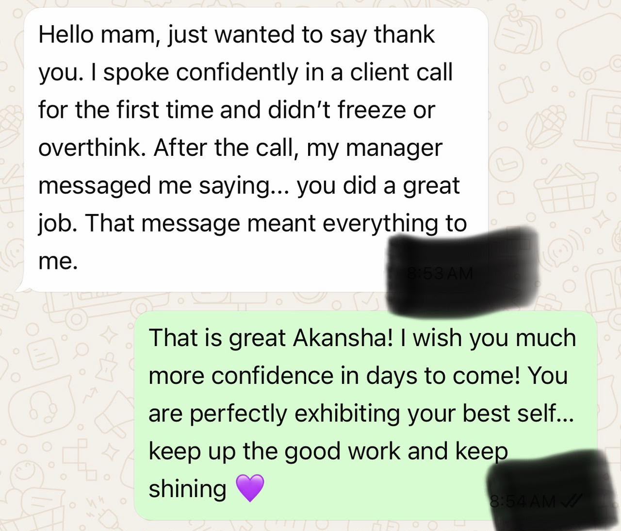 Akansha's message about speaking confidently on a client call